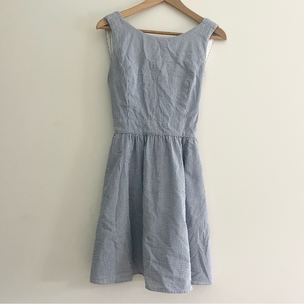 Lauren James Seersucker Striped Dress Women’s Large Nautical Lined w Big Bow